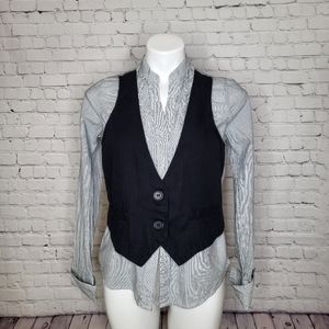 B. Moss Stripe Button-Down Shirt with Ruffle Front and Built-In Black Vest Sz S